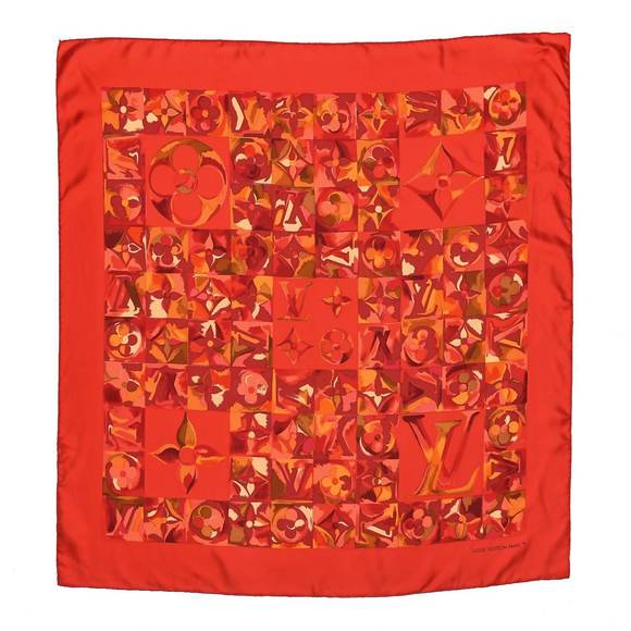 LOUIS VUITTON Accessories - LOUIS VUITTON pre-loved silk au fil de temps square silk scarf in red, gold